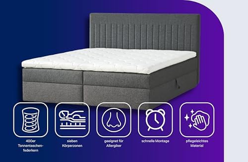 Traumnacht Boxbett Nizza 140x200 cm - Stauraum, 7-Zonen Matratze & Komfortschaumtopper in Grau