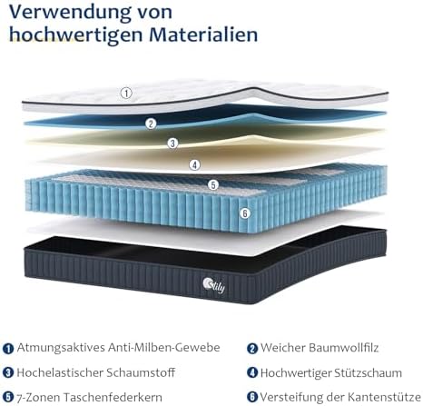 Highline Matratze 140x200cm H3 – 25cm hoch, ökologisch zertifizierte 7-Zonen Taschenfederkern für optimalen Schlafkomfor