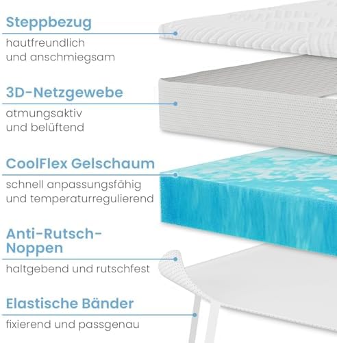 ELONEO Gel Topper 180x200cm - Bequeme 5 cm Gel-Memory-Schaum Matratzenauflage für Bett und Boxspringbett mit atmungsakti