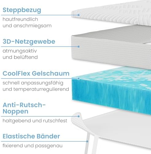 ELONEO Gel Topper 180x200cm - Bequeme 5 cm Gel-Memory-Schaum Matratzenauflage für Bett und Boxspringbett mit atmungsakti