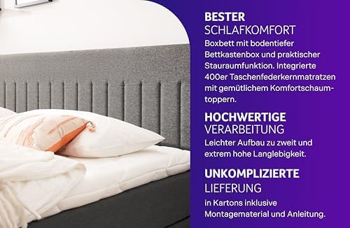 Traumnacht Boxbett Nizza 140x200 cm - Stauraum, 7-Zonen Matratze & Komfortschaumtopper in Grau