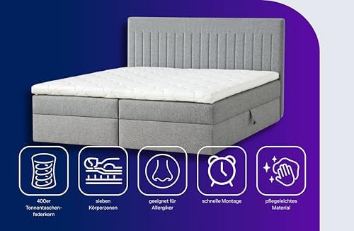 Traumnacht Boxbett Nizza 140x200 cm - Stauraum, 7-Zonen Matratze & Komfortschaumtopper in Grau