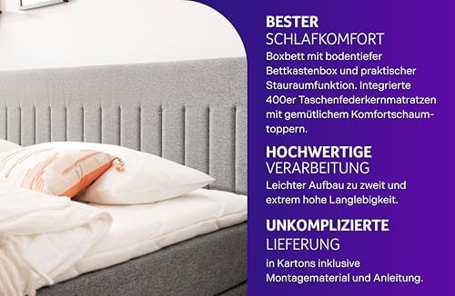 Traumnacht Boxbett Nizza 140x200 cm - Stauraum, 7-Zonen Matratze & Komfortschaumtopper in Grau