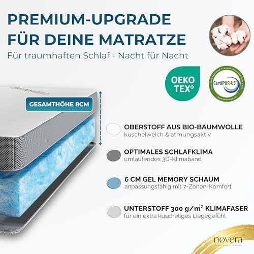 Premium Gel Matratzen Topper 140x200cm | Wolkenweich für besten Schlafkomfort | 100% Bio-Baumwolle