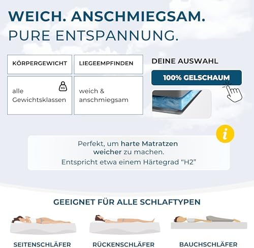 Premium Gel Matratzen Topper 140x200cm | Wolkenweich für besten Schlafkomfort | 100% Bio-Baumwolle