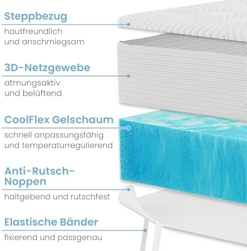 ELONEO Gel Topper 180x200cm - Bequeme 5 cm Gel-Memory-Schaum Matratzenauflage für Bett und Boxspringbett mit atmungsakti