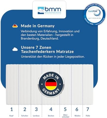 BMM Ortho Medic Taschenfederkernmatratze 80x200 cm H4 – Ergonomisch 7 Zonen für besten Schlafkomfort in Deutschland